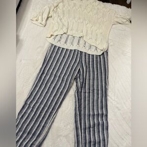 POL Blue and White Vertical Stripe Wide Leg Pants large